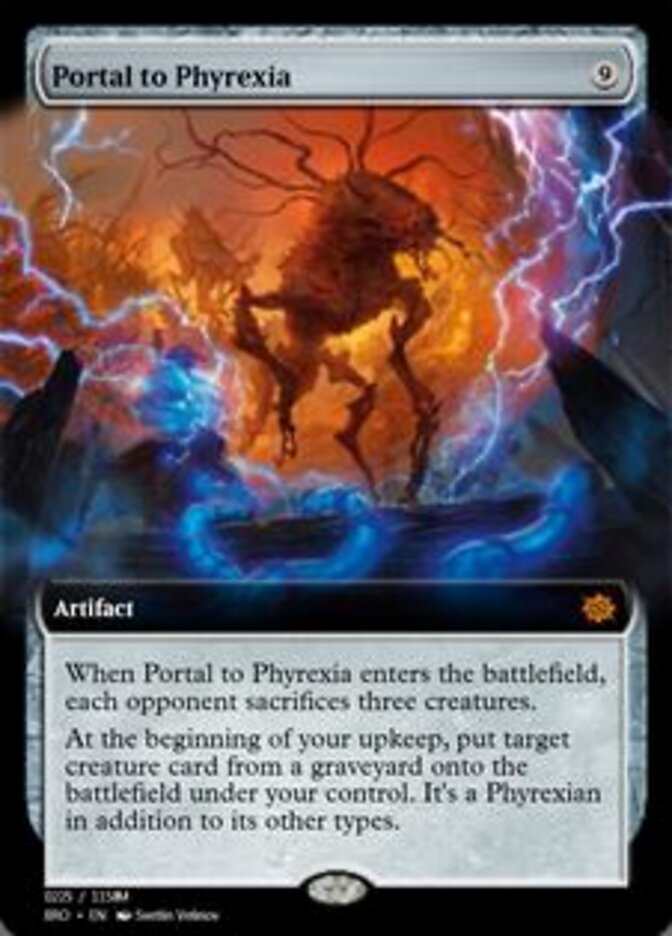 Portal to Phyrexia
 When Portal to Phyrexia enters the battlefield, each opponent sacrifices three creatures.
At the beginning of your upkeep, put target creature card from a graveyard onto the battlefield under your control. It's a Phyrexian in addition to its other types.